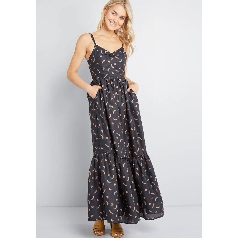 ModCloth In Your Nature Maxi Dress Size Small Black Rainbow Print 100% Cotton